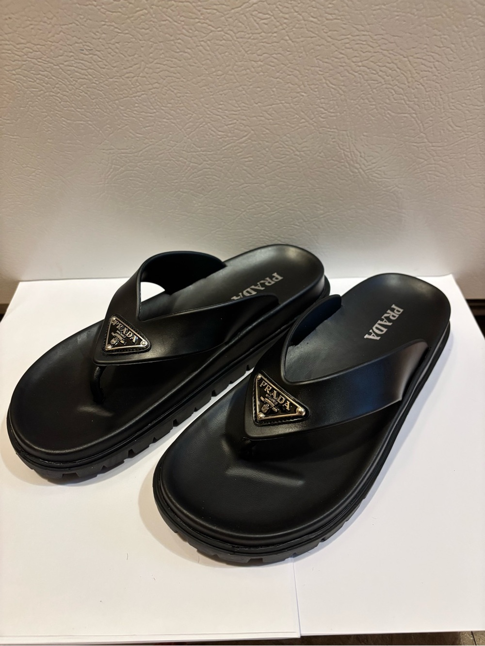 Prada Black Women’s Logo Triangle Thong Sandals